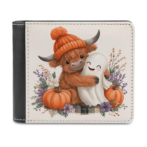 Jubonexis Highland Cow Calf Hugging Halloween Ghost Soft PU Leather Bifold Wallet Coin Purse Credit Pass Case, Durable Card Holder Slim Billfold for Men Woman Money Storage von Jubonexis