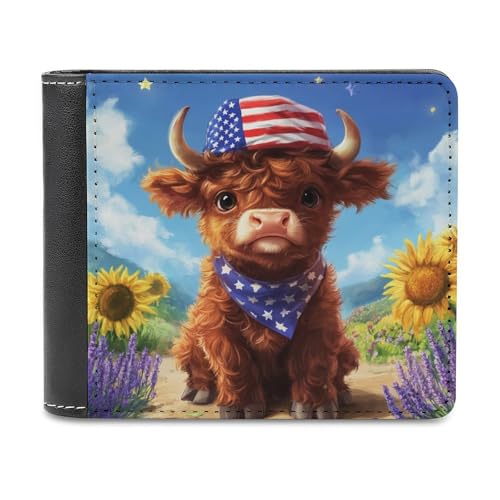 Jubonexis Highland Cow Calf Wearing American Flag Hat Soft PU Leather Bifold Wallet, Coin Purse Credit Pass Case, Durable Card Holder Slim Billfold for Men Woman Money Storage von Jubonexis