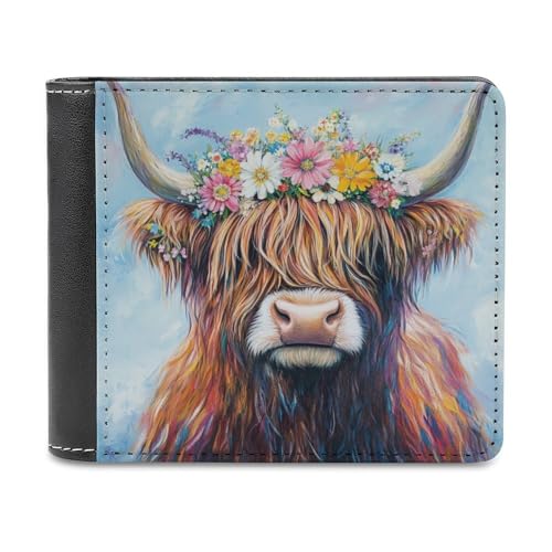 Jubonexis Highland Cow Crown of Colorful Flowers Soft PU Leather Bifold Wallet, Coin Purse Credit Pass Case, Durable Card Holder Slim Billfold for Men Woman Money Storage von Jubonexis