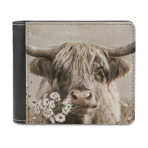 Jubonexis Highland Cow Eating Daisies Vintage Soft PU Leather Bifold Wallet, Coin Purse Credit Pass Case, Durable Card Holder Slim Billfold for Men Woman Money Storage von Jubonexis