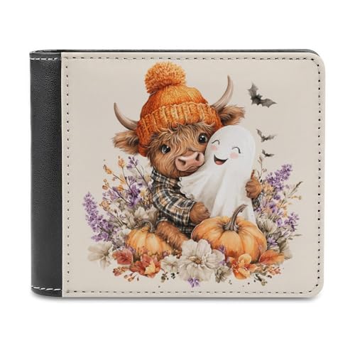 Jubonexis Highland Cow Hugging Halloween Ghost Soft PU Leather Bifold Wallet Coin Purse Credit Pass Case, Durable Card Holder Slim Billfold for Men Woman Money Storage von Jubonexis