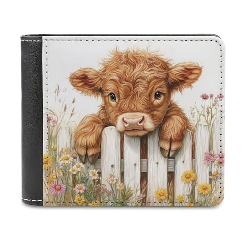 Jubonexis Highland Cow Over Fence Farm Flowers Soft PU Leather Bifold Wallet, Coin Purse Credit Pass Case, Durable Card Holder Slim Billfold for Men Woman Money Storage von Jubonexis