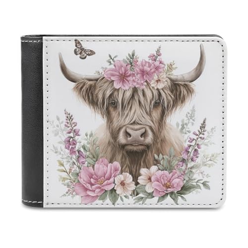 Jubonexis Highland Cow Pink Flower Crown Butterfly Soft PU Leather Bifold Wallet, Coin Purse Credit Pass Case, Durable Card Holder Slim Billfold for Men Woman Money Storage von Jubonexis
