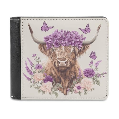 Jubonexis Highland Cow Purple Flower Crown Soft PU Leather Bifold Wallet, Coin Purse Credit Pass Case, Durable Card Holder Slim Billfold for Men Woman Money Storage von Jubonexis
