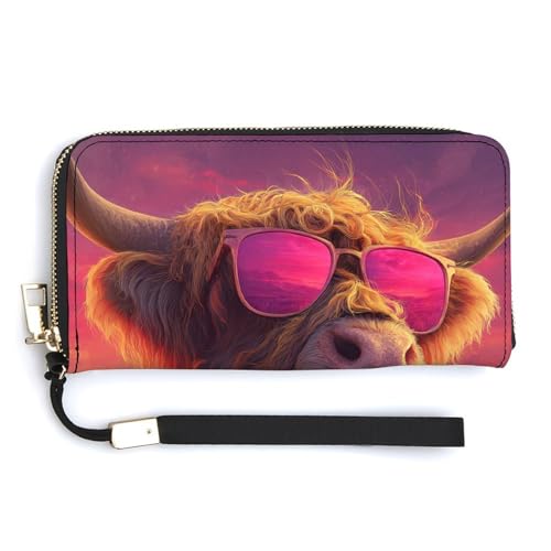 Jubonexis Highland Cow Wearing Pink Sunglasses PU Leather Clutch Long Bifold Wallet, Coin Purse Credit Pass Case, Durable Card Holder Money Storage for Women Men von Jubonexis