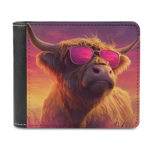 Jubonexis Highland Cow Wearing Pink Sunglasses Soft PU Leather Bifold Wallet, Coin Purse Credit Pass Case, Durable Card Holder Slim Billfold for Men Woman Money Storage von Jubonexis