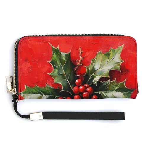 Jubonexis Holly Leaves and Berries Weihnachten PU Leder Clutch Lange Bifold Wallet Münzgeldbörse Kreditkartenetui Langlebig Kartenhalter Geld Aufbewahrung für Damen Herren von Jubonexis