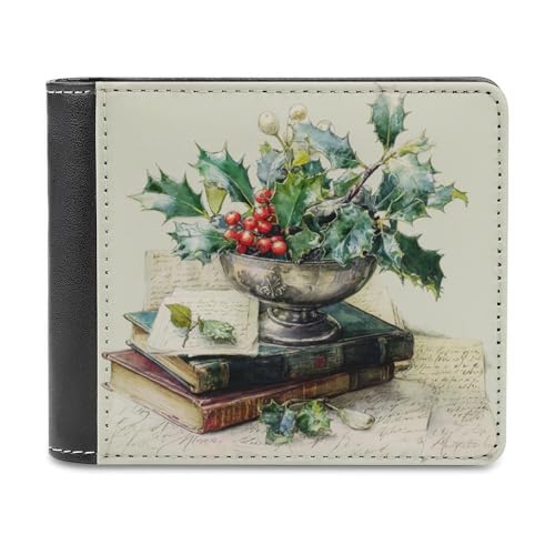 Jubonexis Holly Mistelzweig in antiker Schale, weiches PU-Leder, Bifold Wallet, Münzgeldbörse, Kreditkartenetui, robuster Kartenhalter, schlanke Geldscheinfach für Männer und Frauen von Jubonexis