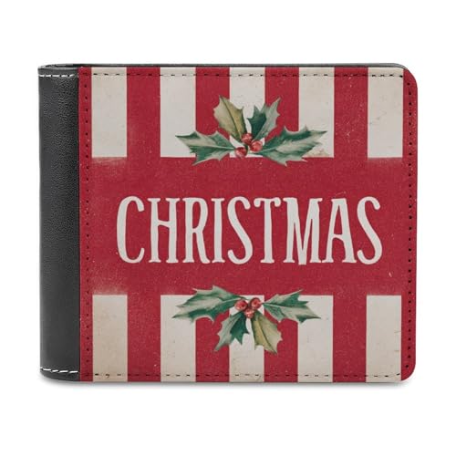 Jubonexis Holly Wreath Word Christmas Red White Striped Soft PU Leather Bifold Wallet, Coin Purse Credit Pass Case, Durable Card Holder Slim Billfold for Men Woman Money Storage von Jubonexis