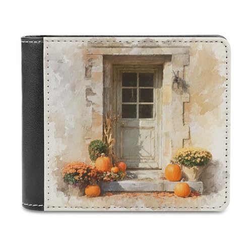Jubonexis House Doorway with Pumpkins Soft PU Leather Bifold Wallet, Coin Purse Credit Pass Case, Durable Card Holder Slim Billfold for Men Woman Money Storage von Jubonexis