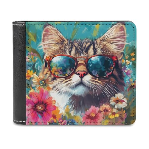 Jubonexis Katze, die Sonnenbrille und Blumen trägt, weiches PU-Leder, Bifold Wallet, Münzgeldbörse, Kreditkartenetui, langlebig, Kartenhalter, schlanke Geldscheinfach für Männer und Frauen von Jubonexis
