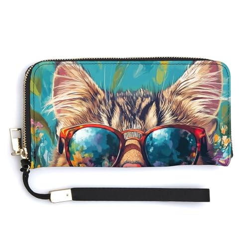 Jubonexis Katze mit Sonnenbrille und Blumen, PU-Leder, Clutch, lange Faltbörse, Münzgeldbörse, Kreditkartenetui, robuster Kartenhalter, Geldaufbewahrung für Damen und Herren von Jubonexis