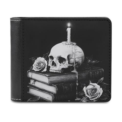 Jubonexis Kleine Geldbörse mit Kerze auf Totenkopf, weiches PU-Leder, Bifold Wallet, Münzgeldbörse, Kreditkartenetui, robuster Kartenhalter, schlanke Geldscheinfach für Männer und Frauen von Jubonexis