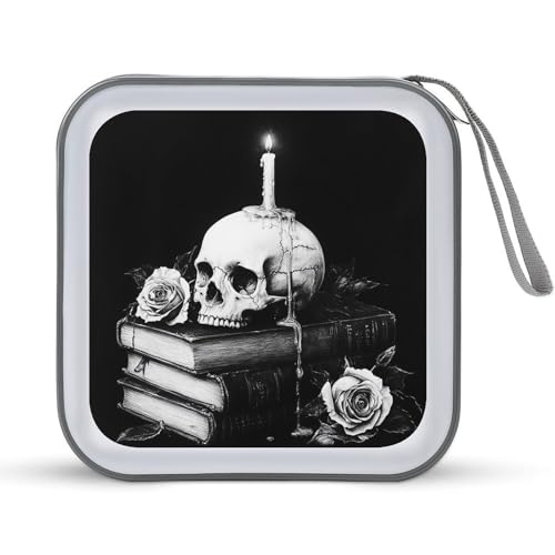 Jubonexis Kleine Kerze auf Totenkopf Bücher CD-Hülle DVD Aufbewahrungstasche tragbar für Auto Zuhause Reisen von Jubonexis