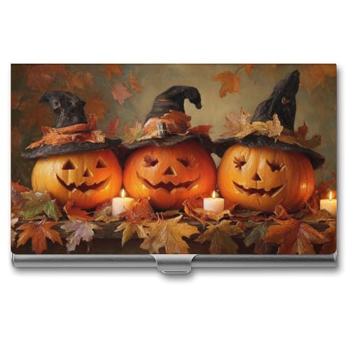 Jubonexis Kürbisse Hexenhüte Kerzen Herbst Blätter Visitenkartenhalter Tasche Slim Metall Visitenkartenetui für Damen Herren von Jubonexis