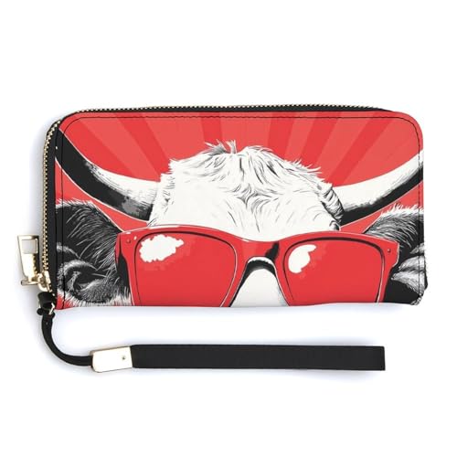 Jubonexis Kuh trägt rote Sonnenbrille, PU-Leder, Clutch, lange Faltbörse, Münzgeldbörse, Kreditkartenetui, robuster Kartenhalter, Geldaufbewahrung für Damen und Herren von Jubonexis