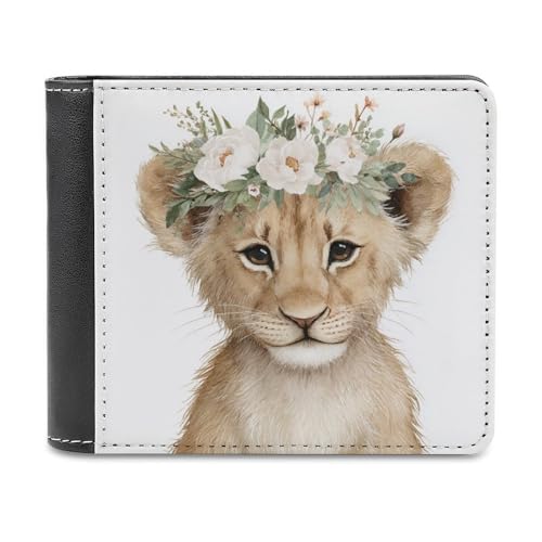 Jubonexis Löwe mit floralem Kopfbedeckung, weiches PU-Leder, Bifold Wallet, Münzgeldbörse, Kreditkartenetui, langlebig, Kartenhalter, schlanke Geldscheinfach für Männer und Frauen, Geldaufbewahrung von Jubonexis