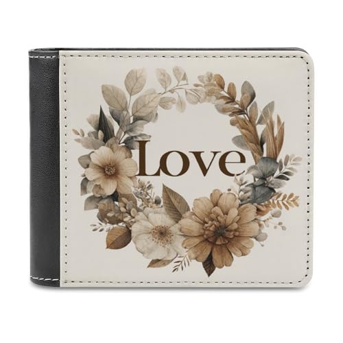 Jubonexis Love with Floral Wreath Soft PU Leather Bifold Wallet, Coin Purse Credit Pass Case, Durable Card Holder Slim Billfold for Men Woman Money Storage von Jubonexis