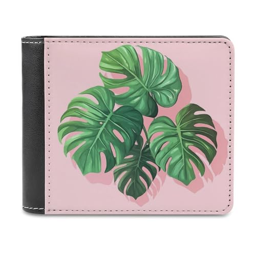 Jubonexis Monstera Leaves on A Pink Soft PU Leather Bifold Wallet, Coin Purse Credit Pass Case, Durable Card Holder Slim Billfold for Men Woman Money Storage von Jubonexis