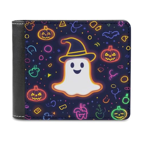 Jubonexis Neon Halloween Ghost with Pumpkins Soft PU Leather Bifold Wallet, Coin Purse Credit Pass Case, Durable Card Holder Slim Billfold for Men Woman Money Storage von Jubonexis