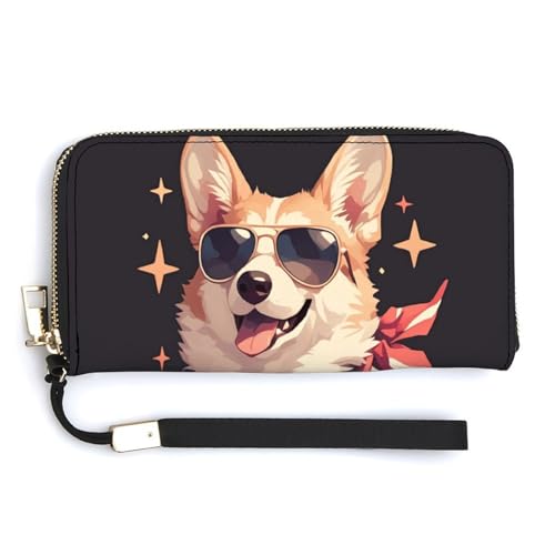 Jubonexis Niedliche Corgi mit Sonnenbrille, PU-Leder, Clutch, lange Faltbörse, Münzgeldbörse, Kreditkartenetui, robuster Kartenhalter, Geldaufbewahrung für Damen und Herren von Jubonexis