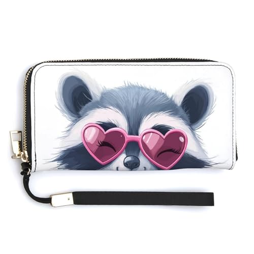 Jubonexis Niedliche Waschbär-Herz-Sonnenbrille, PU-Leder, Clutch, lange Faltbörse, Münzgeldbörse, Kreditkartenetui, langlebiger Kartenhalter, Geldaufbewahrung für Damen und Herren von Jubonexis
