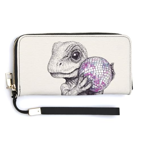 Jubonexis Niedlicher Dinosaurier-Halter mit Discokugel, schlichtes PU-Leder, Clutch, lange Faltbörse, Münzgeldbörse, Kreditkartenetui, langlebiger Kartenhalter, Geldaufbewahrung für Damen und Herren von Jubonexis