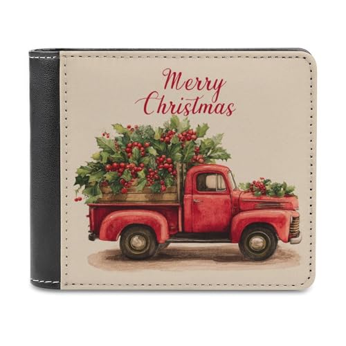 Jubonexis Old Red Truck mit Stechpalmenblättern, Weihnachten, weiches PU-Leder, Bifold Wallet, Münzgeldbörse, Kreditkartenetui, langlebig, Kartenhalter, schlanke Geldscheinfach für Männer und Frauen von Jubonexis