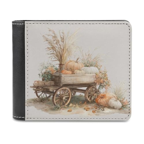 Jubonexis Old Wooden Cart with Wheat and Pumpkins Soft PU Leather Bifold Wallet, Coin Purse Credit Pass Case, Durable Card Holder Slim Billfold for Men Woman Money Storage von Jubonexis