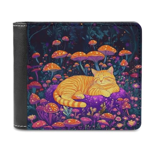Jubonexis Orange Cat Sleeping Mushroom Forest Soft PU Leather Bifold Wallet, Coin Purse Credit Pass Case, Durable Card Holder Slim Billfold for Men Woman Money Storage von Jubonexis
