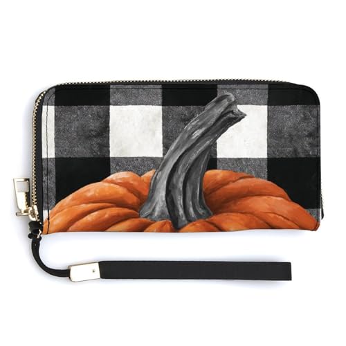 Jubonexis Orange Pumpkin Schwarz und Weiß kariert PU Leder Clutch Lange Bifold Wallet Münzgeldbörse Kreditkartenetui Langlebig Kartenhalter Geld Aufbewahrung für Damen Herren von Jubonexis
