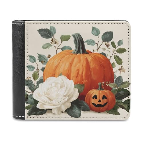 Jubonexis Orange Pumpkin Vintage White Rose Soft PU Leather Bifold Wallet Coin Purse Credit Pass Case, Durable Card Holder Slim Billfold for Men Woman Money Storage von Jubonexis