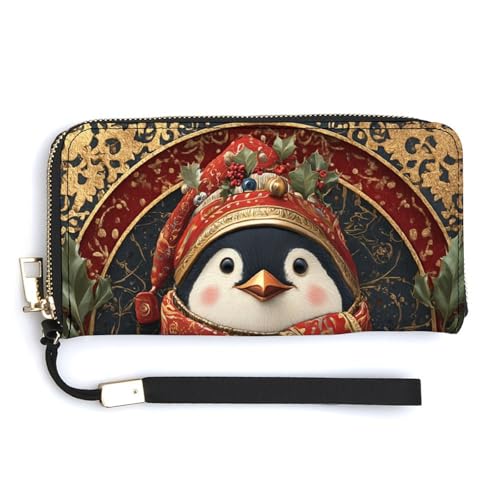 Jubonexis Pinguin mit Weihnachts-Pinguin mit Stechpalmenblättern, PU-Leder, lange Geldbörse, Münzgeldbörse, Kreditkartenetui, langlebiger Kartenhalter, Geldaufbewahrung für Damen und Herren von Jubonexis