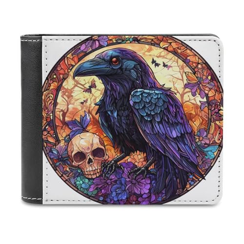 Jubonexis Raven Skull Halloween Horror Soft PU Leather Bifold Wallet, Coin Purse Credit Pass Case, Durable Card Holder Slim Billfold for Men Woman Money Storage von Jubonexis