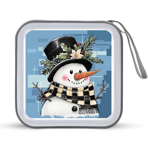 Jubonexis Schneemann mit kariertem Schal, Mütze, CD-Hülle, DVD-Aufbewahrungsbox, tragbar, für Auto, Zuhause, Reisen von Jubonexis