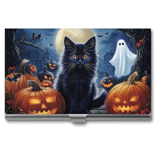 Jubonexis Schwarze Katze, Kürbisse, Geister, Halloween, Visitenkartenhalter, Tasche, schmal, Metall, Visitenkartenetui für Damen und Herren von Jubonexis