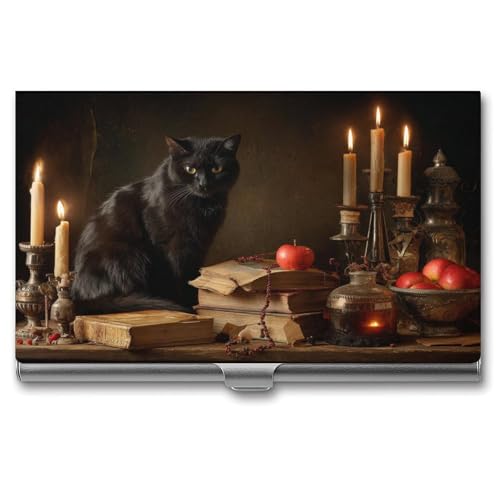 Jubonexis Schwarze Katze Antike Bücher Kerzen Gothic Visitenkartenhalter Tasche Slim Metall Visitenkartenetui für Damen Herren von Jubonexis