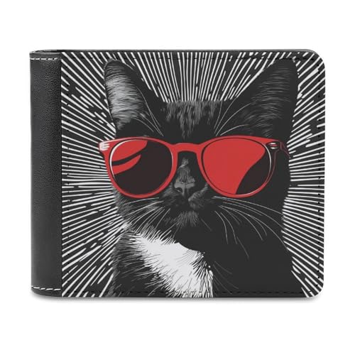 Jubonexis Schwarze Katze mit roter Sonnenbrille, weiches PU-Leder, Bifold Wallet, Münzgeldbörse, Kreditkartenetui, robuster Kartenhalter, schlanke Geldscheinfach für Männer und Frauen von Jubonexis