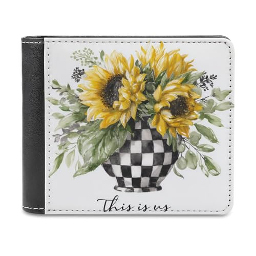 Jubonexis Sonnenblumen in schwarz-weiß karierter Vase, weiches PU-Leder, Bifold Wallet, Münzgeldbörse, Kreditkartenetui, robuster Kartenhalter, schlanke Geldscheinfach für Männer und Frauen von Jubonexis