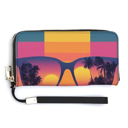 Jubonexis Sonnenbrille reflektiert einen tropischen Strand, PU-Leder, Clutch, lange Faltbörse, Münzgeldbörse, Kreditkartenetui, langlebiger Kartenhalter, Geldaufbewahrung für Damen und Herren von Jubonexis