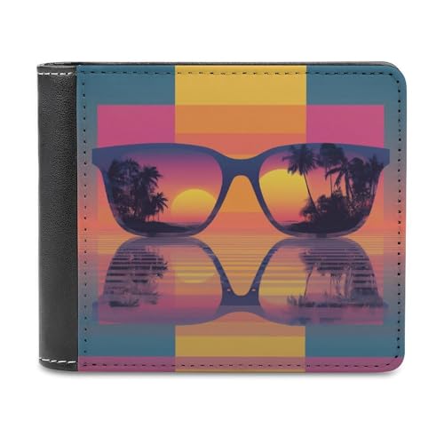Jubonexis Sonnenbrille reflektiert einen tropischen Strand, weiches PU-Leder, Bifold Wallet, Münzgeldbörse, Kreditkartenetui, robuster Kartenhalter, schlanke Geldscheinfach für Männer und Frauen von Jubonexis