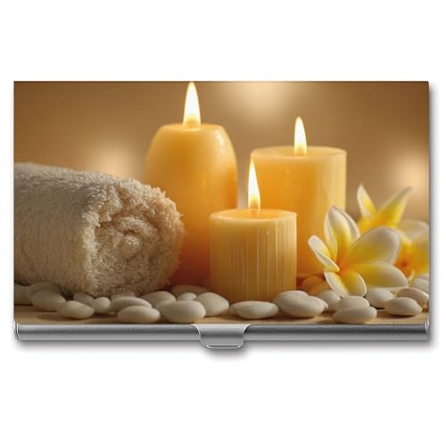 Jubonexis Spa Setting Gelbe Kerzen Weiße Steine Visitenkartenhalter Tasche Slim Metall Visitenkartenetui für Damen Herren von Jubonexis