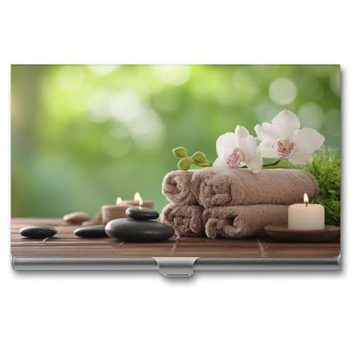Jubonexis Spa Setting Kerzen Steine Visitenkartenhalter Pocket Slim Metall Visitenkartenetui für Damen Herren von Jubonexis