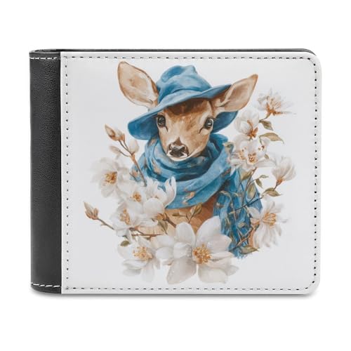 Jubonexis Süßes kleines Reh mit blauem Hut, weiches PU-Leder, Bifold Wallet, Münzgeldbörse, Kreditkartenetui, robuster Kartenhalter, schlanke Geldscheinfach für Männer und Frauen von Jubonexis
