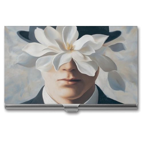 Jubonexis Surrealistische weiße Blume und Mann Visitenkartenhalter Pocket Slim Metall Visitenkartenetui für Damen Herren von Jubonexis