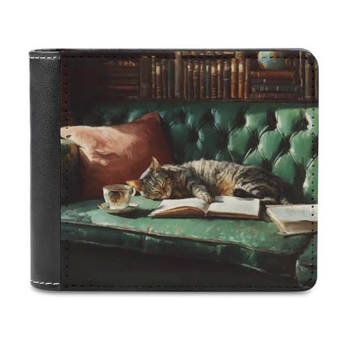 Jubonexis Tabby Cat Sleeping on Green Couch Soft PU Leather Bifold Wallet, Coin Purse Credit Pass Case, Durable Card Holder Slim Billfold for Men Woman Money Storage von Jubonexis