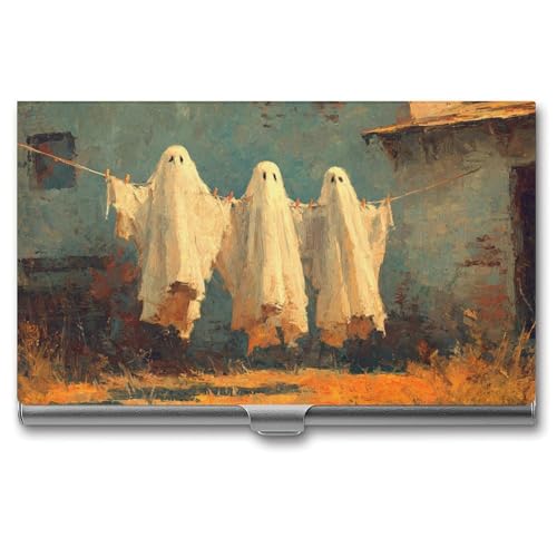 Jubonexis Three Ghosts Hanging on Clothesline Rustic Business Card Holder, Pocket Slim Metal Business Card Case for Women Men von Jubonexis