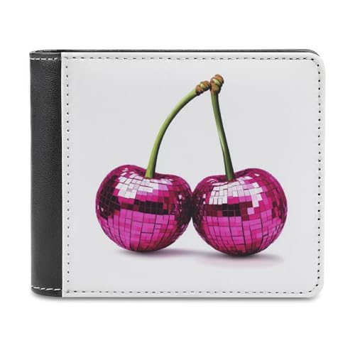 Jubonexis Two Cherries Pink Disco Ball Soft PU Leather Bifold Wallet, Coin Purse Credit Pass Case, Durable Card Holder Slim Billfold for Men Woman Money Storage von Jubonexis