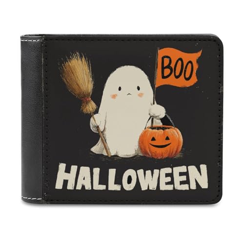 Jubonexis Vintage Halloween Ghost Holding Broom Pumpkin Soft PU Leather Bifold Wallet, Coin Purse Credit Pass Case, Durable Card Holder Slim Billfold for Men Woman Money Storage von Jubonexis