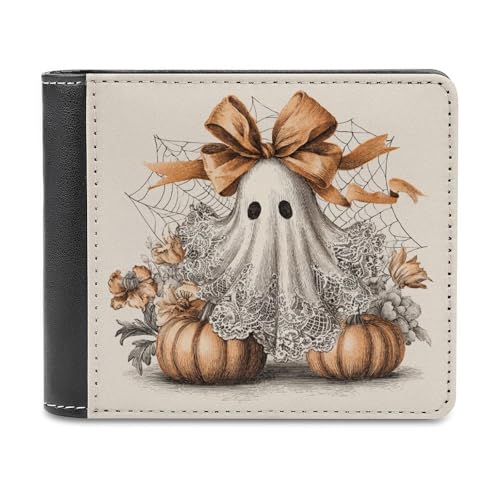 Jubonexis Vintage Halloween Ghost Pumpkin Soft PU Leather Bifold Wallet Coin Purse Credit Pass Case, Durable Card Holder Slim Billfold for Men Woman Money Storage von Jubonexis